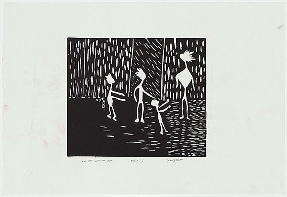 Artist: b'Deeaggadditt Phillips, Dennis.' | Title: b'The boy with one eye' | Date: 1986 | Technique: b'linocut, printed in black ink, from one block' Artist: b'Deeaggadditt Phillips, Dennis.' | Title: b'The boy with one eye' | Date: 1986 | Technique: b'linocut, printed in black ink, from one block'