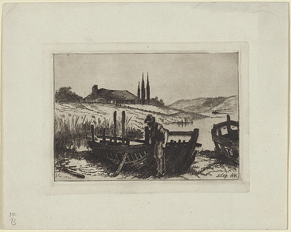 Artist: b'Hopkins, Livingston.' | Title: b'(Old boats)' | Date: 1886 | Technique: b'etching, printed in black ink with plate-tone, from one copper plate' Artist: b'Hopkins, Livingston.' | Title: b'(Old boats)' | Date: 1886 | Technique: b'etching, printed in black ink with plate-tone, from one copper plate'
