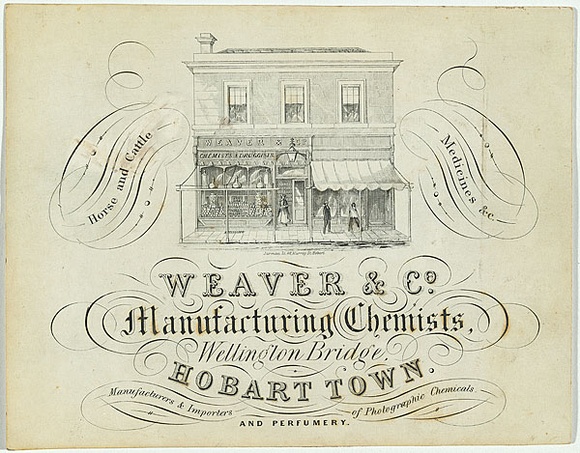 Artist: b'Jarman, Richard.' | Title: b'Trade card: Weaver and Co. Manufacturing chemists, Wellington Bridge, Hobart Town' | Date: c.1864 | Technique: b'engraving, printed in black ink, from one copper plate' Artist: b'Jarman, Richard.' | Title: b'Trade card: Weaver and Co. Manufacturing chemists, Wellington Bridge, Hobart Town' | Date: c.1864 | Technique: b'engraving, printed in black ink, from one copper plate'