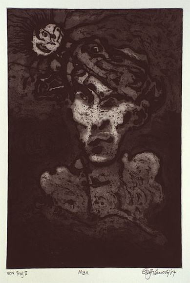 Artist: b'Gimour, Geoff.' | Title: b'Man' | Date: 1987 | Technique: b'etching and aquatint, printed in dark brown ink, from one plate' Artist: b'Gimour, Geoff.' | Title: b'Man' | Date: 1987 | Technique: b'etching and aquatint, printed in dark brown ink, from one plate'