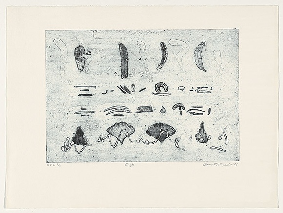 Artist: b'McMaster, Anne.' | Title: b'Gingko' | Date: 1989 | Technique: b'collagraph, printed in blue ink, from one plate' Artist: b'McMaster, Anne.' | Title: b'Gingko' | Date: 1989 | Technique: b'collagraph, printed in blue ink, from one plate'