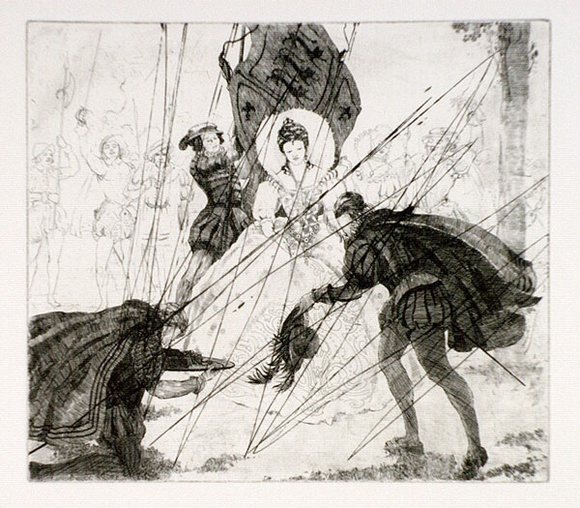 Artist: b'FEINT, Adrian' | Title: b'(Sir Walter Raleigh throwing down his cloak for Elizabeth I).' | Technique: b'etching, printed in black ink, from one plate' | Copyright: b'Courtesy the Estate of Adrian Feint' Artist: b'FEINT, Adrian' | Title: b'(Sir Walter Raleigh throwing down his cloak for Elizabeth I).' | Technique: b'etching, printed in black ink, from one plate' | Copyright: b'Courtesy the Estate of Adrian Feint'