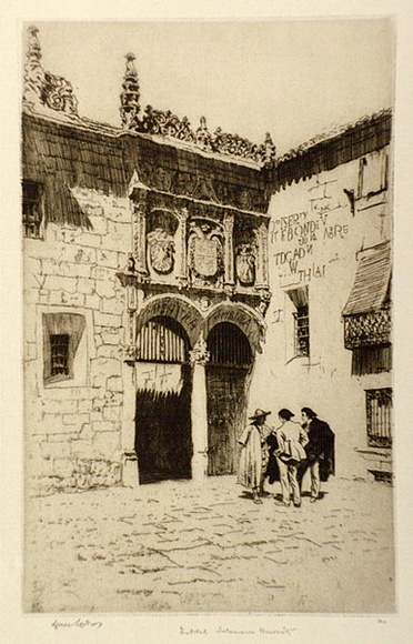 Artist: b'LINDSAY, Lionel' | Title: b'Facade of the Institute, Salamanca University' | Date: 1934 | Technique: b'etching and foul-bite, printed in black ink with plate-tone, from one copper plate' | Copyright: b'Courtesy of the National Library of Australia' Artist: b'LINDSAY, Lionel' | Title: b'Facade of the Institute, Salamanca University' | Date: 1934 | Technique: b'etching and foul-bite, printed in black ink with plate-tone, from one copper plate' | Copyright: b'Courtesy of the National Library of Australia'