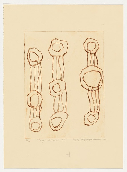Artist: b'Tjampitjinpa Wamaar, Pegleg.' | Title: b'Tingari at Yumari #3' | Date: 2004 | Technique: b'drypoint etching, printed in brown ink, from one perspex plate' Artist: b'Tjampitjinpa Wamaar, Pegleg.' | Title: b'Tingari at Yumari #3' | Date: 2004 | Technique: b'drypoint etching, printed in brown ink, from one perspex plate'