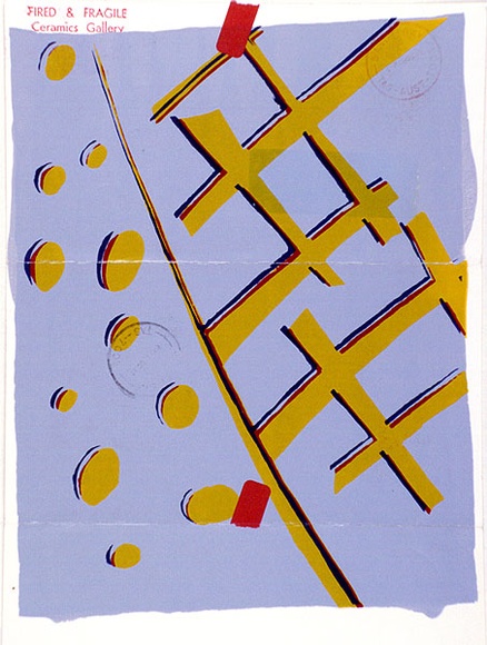 Artist: b'Palmer, Gardenia.' | Title: b'Exhibition invitation: Ceramics by Gardenia Palmer, Fired and Fragile Gallery, Hobart 1983' | Technique: b'screenprint, printed in colour, from multiple stencils' Artist: b'Palmer, Gardenia.' | Title: b'Exhibition invitation: Ceramics by Gardenia Palmer, Fired and Fragile Gallery, Hobart 1983' | Technique: b'screenprint, printed in colour, from multiple stencils'