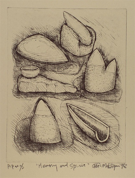 Artist: b'Makigawa, Akio.' | Title: b'Memory and spirit' | Date: 1998, May - June | Technique: b'etching, printed in black ink, from one plate' Artist: b'Makigawa, Akio.' | Title: b'Memory and spirit' | Date: 1998, May - June | Technique: b'etching, printed in black ink, from one plate'