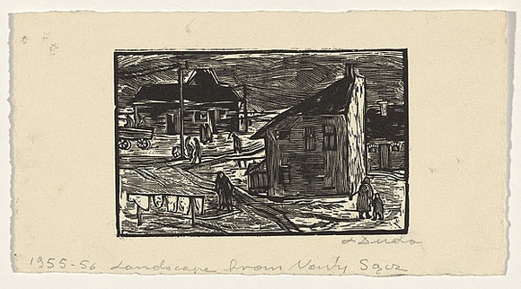 Artist: b'Groblicka, Lidia.' | Title: b'Landscape from Nowy Sacz' | Date: 1955-56 | Technique: b'woodcut, printed in black ink, from one block' Artist: b'Groblicka, Lidia.' | Title: b'Landscape from Nowy Sacz' | Date: 1955-56 | Technique: b'woodcut, printed in black ink, from one block'