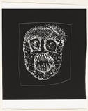 Title: not titled [wide-eyed and bearing teeth] | Date: c.1993 | Technique: cliché-verre, printed in black, from hand-drawn negative