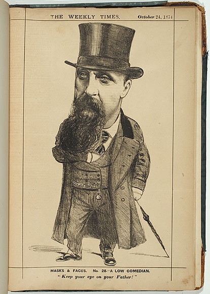 Title: b'A low comedian [Mr Henry Richard Harwood].' | Date: 24 October 1874 | Technique: b'lithograph, printed in colour, from multiple stones'