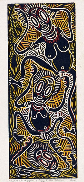 Artist: b'Yobale, Philip.' | Title: b'Dancing spirits' | Date: 2000 | Technique: b'linocut, printed in colour, from three blocks' Artist: b'Yobale, Philip.' | Title: b'Dancing spirits' | Date: 2000 | Technique: b'linocut, printed in colour, from three blocks'