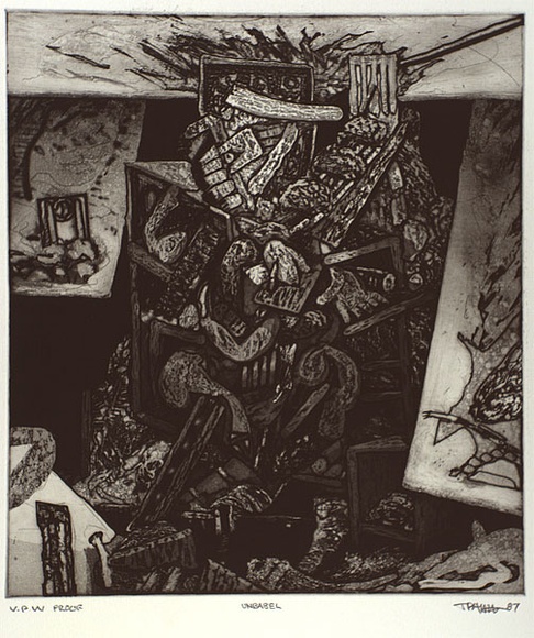 Artist: b'Ralph, Timothy' | Title: b'Unbabel' | Date: 1987 | Technique: b'etching and aquatint, printed in black ink with plate-tone, from one plate' | Copyright: b'\xc2\xa9 Timothy Ralph. Licensed by VISCOPY, Australia' Artist: b'Ralph, Timothy' | Title: b'Unbabel' | Date: 1987 | Technique: b'etching and aquatint, printed in black ink with plate-tone, from one plate' | Copyright: b'\xc2\xa9 Timothy Ralph. Licensed by VISCOPY, Australia'