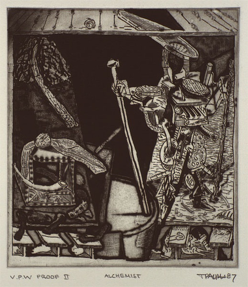 Artist: b'Ralph, Timothy' | Title: b'Alchemist' | Date: 1987 | Technique: b'etching and aquatint, printed in black ink with plate-tone, from one plate' | Copyright: b'\xc2\xa9 Timothy Ralph. Licensed by VISCOPY, Australia' Artist: b'Ralph, Timothy' | Title: b'Alchemist' | Date: 1987 | Technique: b'etching and aquatint, printed in black ink with plate-tone, from one plate' | Copyright: b'\xc2\xa9 Timothy Ralph. Licensed by VISCOPY, Australia'