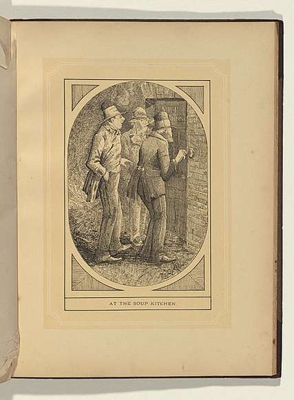 Artist: b'Whitelocke, Nelson P.' | Title: b'At the soup kitchen.' | Date: 1885 | Technique: b'lithograph, printed in colour, from two stones' Artist: b'Whitelocke, Nelson P.' | Title: b'At the soup kitchen.' | Date: 1885 | Technique: b'lithograph, printed in colour, from two stones'