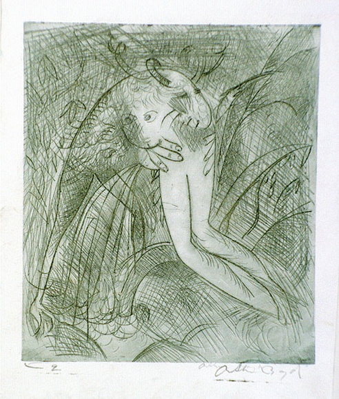 Artist: b'BOYD, Arthur' | Title: b'Nude with beast.' | Date: (1962-63) | Technique: b'etching and drypoint, printed in light grey-green ink, from one plate' | Copyright: b'Reproduced with permission of Bundanon Trust' Artist: b'BOYD, Arthur' | Title: b'Nude with beast.' | Date: (1962-63) | Technique: b'etching and drypoint, printed in light grey-green ink, from one plate' | Copyright: b'Reproduced with permission of Bundanon Trust'
