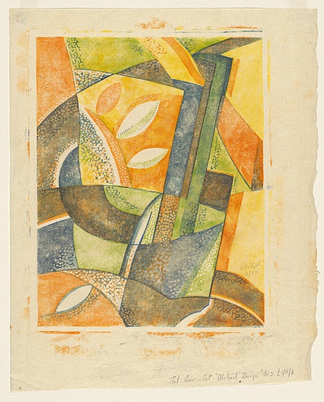 Artist: b'Weitzel, Frank.' | Title: b'Abstract design no.2' | Date: c.1932 | Technique: b'linocut, printed in colour, from four blocks (yellow, orange, light green, and blue ink)' Artist: b'Weitzel, Frank.' | Title: b'Abstract design no.2' | Date: c.1932 | Technique: b'linocut, printed in colour, from four blocks (yellow, orange, light green, and blue ink)'