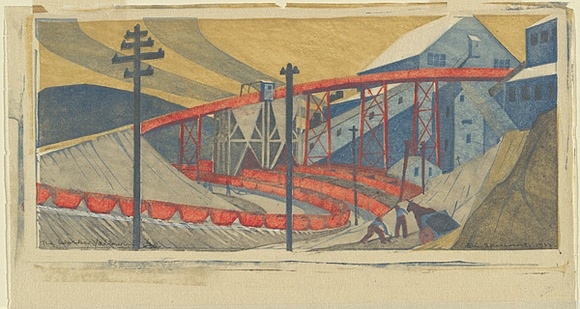Artist: b'Spowers, Ethel.' | Title: b'The works, Yallourn.' | Date: 1933 | Technique: b'linocut, printed in colour, from seven blocks' Artist: b'Spowers, Ethel.' | Title: b'The works, Yallourn.' | Date: 1933 | Technique: b'linocut, printed in colour, from seven blocks'