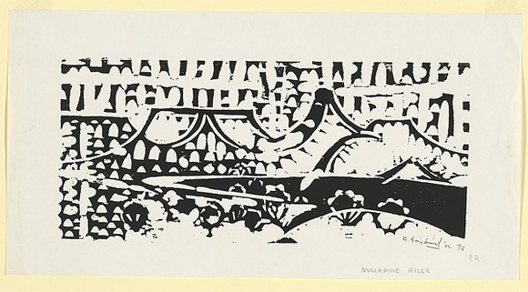 Artist: b'Grey-Smith, Guy' | Title: b'Nullagine Hills' | Date: 1975 | Technique: b'woodcut, printed in black ink, from one block' Artist: b'Grey-Smith, Guy' | Title: b'Nullagine Hills' | Date: 1975 | Technique: b'woodcut, printed in black ink, from one block'