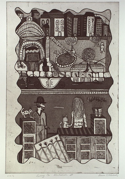 Artist: b'Edwards, Leann Jean.' | Title: b'Living on Nicholson St.' | Date: 1999, July - August | Technique: b'etching and aquatint, printed in black ink, from one plate' | Copyright: b'\xc2\xa9 Leann Jean Edwards. Licensed by VISCOPY, Australia' Artist: b'Edwards, Leann Jean.' | Title: b'Living on Nicholson St.' | Date: 1999, July - August | Technique: b'etching and aquatint, printed in black ink, from one plate' | Copyright: b'\xc2\xa9 Leann Jean Edwards. Licensed by VISCOPY, Australia'