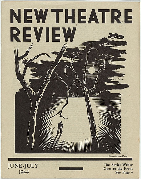 Artist: b'Millere, Robert.' | Title: b'(frontcover) New theatre review: June-July 1944.' | Date: June-July 1944 | Technique: b'linocut, printed in black ink, from one block; letterpress text' Artist: b'Millere, Robert.' | Title: b'(frontcover) New theatre review: June-July 1944.' | Date: June-July 1944 | Technique: b'linocut, printed in black ink, from one block; letterpress text'