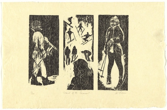 Artist: b'Lunn, Wendy.' | Title: b'Start of the Season' | Date: (1986) | Technique: b'woodcut, printed in black ink, from three blocks' Artist: b'Lunn, Wendy.' | Title: b'Start of the Season' | Date: (1986) | Technique: b'woodcut, printed in black ink, from three blocks'