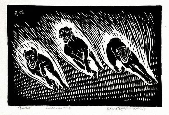 Artist: b'Hawkins, Weaver.' | Title: b'Full-tilt' | Date: 1968? | Technique: b'linocut, printed in black ink, from one block' | Copyright: b'The Estate of H.F Weaver Hawkins' Artist: b'Hawkins, Weaver.' | Title: b'Full-tilt' | Date: 1968? | Technique: b'linocut, printed in black ink, from one block' | Copyright: b'The Estate of H.F Weaver Hawkins'