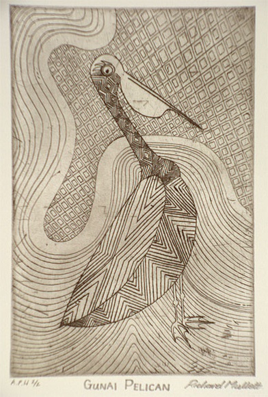 Artist: b'Mullett, Richard.' | Title: b'Gunai pelican' | Date: 1999, April | Technique: b'etching, printed in black ink, from one plate' Artist: b'Mullett, Richard.' | Title: b'Gunai pelican' | Date: 1999, April | Technique: b'etching, printed in black ink, from one plate'