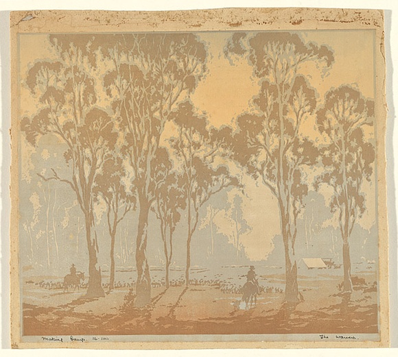 Artist: b'The Warners.' | Title: b'Making camp' | Date: c.1935 | Technique: b'linocut, printed in colour, from multiple blocks' Artist: b'The Warners.' | Title: b'Making camp' | Date: c.1935 | Technique: b'linocut, printed in colour, from multiple blocks'