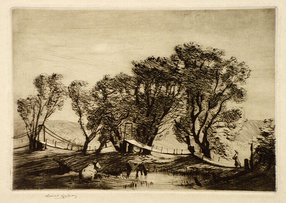 Artist: b'LINDSAY, Lionel' | Title: b'Swing bridge and Basket Willow, South Australia' | Date: 1921 | Technique: b'drypoint, printed in brown ink with plate-tone, from one plate' | Copyright: b'Courtesy of the National Library of Australia' Artist: b'LINDSAY, Lionel' | Title: b'Swing bridge and Basket Willow, South Australia' | Date: 1921 | Technique: b'drypoint, printed in brown ink with plate-tone, from one plate' | Copyright: b'Courtesy of the National Library of Australia'