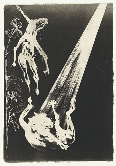 Artist: b'BOYD, Arthur' | Title: b'The unicorn and the angel.' | Date: 1975 | Technique: b'aquatint, printed in black ink, from one plate' | Copyright: b'Reproduced with permission of Bundanon Trust' Artist: b'BOYD, Arthur' | Title: b'The unicorn and the angel.' | Date: 1975 | Technique: b'aquatint, printed in black ink, from one plate' | Copyright: b'Reproduced with permission of Bundanon Trust'