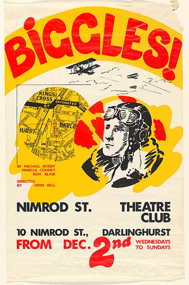 Artist: b'Dawson, Janet.' | Title: b'Biggles! Nimrod Street Theatre Club, Darlinghurst.' | Date: 1970 | Technique: b'screenprint, printed in colour, from three stencils' | Copyright: b'\xc2\xa9 Janet Dawson. Licensed by VISCOPY, Australia' Artist: b'Dawson, Janet.' | Title: b'Biggles! Nimrod Street Theatre Club, Darlinghurst.' | Date: 1970 | Technique: b'screenprint, printed in colour, from three stencils' | Copyright: b'\xc2\xa9 Janet Dawson. Licensed by VISCOPY, Australia'