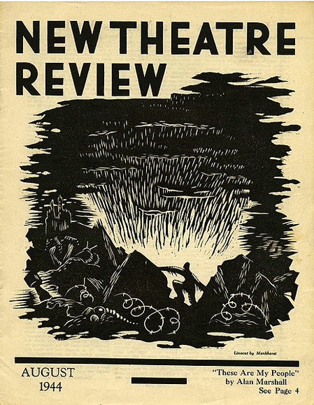 Title: b'New theatre review: August 1944' | Date: July 1944 | Technique: b'linocut, printed in black ink, from one block; letterpress text' Title: b'New theatre review: August 1944' | Date: July 1944 | Technique: b'linocut, printed in black ink, from one block; letterpress text'