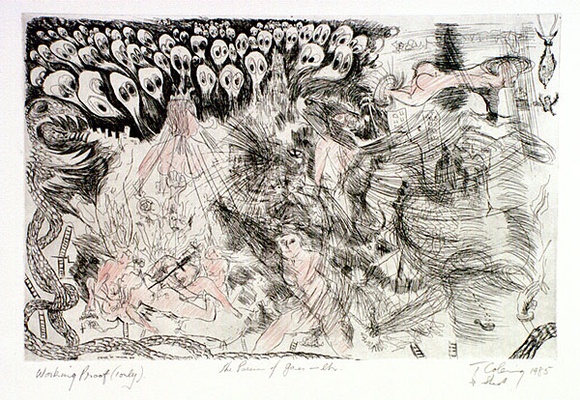 Artist: b'COLEING, Tony' | Title: b'The Passion of James.' | Date: 1985 | Technique: b'etching, printed in black ink, from one plate; hand-coloured' Artist: b'COLEING, Tony' | Title: b'The Passion of James.' | Date: 1985 | Technique: b'etching, printed in black ink, from one plate; hand-coloured'