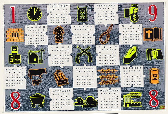 Artist: b'DAVIES, Ruby' | Title: b'1988 Sheds Calendar.' | Date: 1987 | Technique: b'screenprint, printed in colour, from six stencils' Artist: b'DAVIES, Ruby' | Title: b'1988 Sheds Calendar.' | Date: 1987 | Technique: b'screenprint, printed in colour, from six stencils'