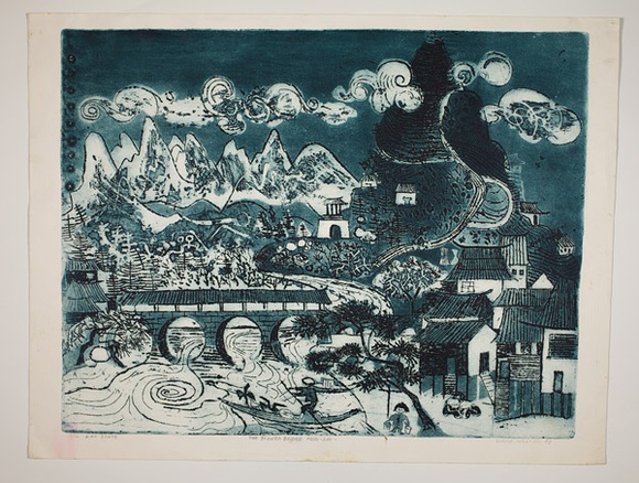 Artist: b'Haxton, Elaine' | Title: b'The flower bridge Kwei-Lin' | Date: 1968 | Technique: b'open-bite etching and aquatint, printed in blue ink' Artist: b'Haxton, Elaine' | Title: b'The flower bridge Kwei-Lin' | Date: 1968 | Technique: b'open-bite etching and aquatint, printed in blue ink'