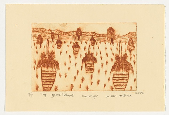 Artist: b'Malbunka, Tristam.' | Title: bMy grandfather's country | Date: 2004 | Technique: b'drypoint etching, printed in brown ink, from one perspex plate' Artist: b'Malbunka, Tristam.' | Title: bMy grandfather's country | Date: 2004 | Technique: b'drypoint etching, printed in brown ink, from one perspex plate'