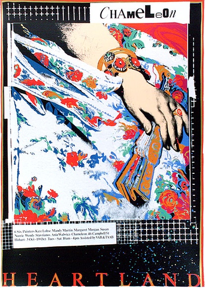 Artist: b'ARNOLD, Raymond' | Title: b'Heartland, Chameleon Gallery, Hobart.' | Date: 1985 | Technique: b'screenprint, printed in colour, from nine stencils' Artist: b'ARNOLD, Raymond' | Title: b'Heartland, Chameleon Gallery, Hobart.' | Date: 1985 | Technique: b'screenprint, printed in colour, from nine stencils'
