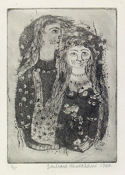 Artist: b'HANRAHAN, Barbara' | Title: b'Lovers' | Date: 1960 | Technique: b'etching and aquatint, printed in black ink, from one plate' Artist: b'HANRAHAN, Barbara' | Title: b'Lovers' | Date: 1960 | Technique: b'etching and aquatint, printed in black ink, from one plate'