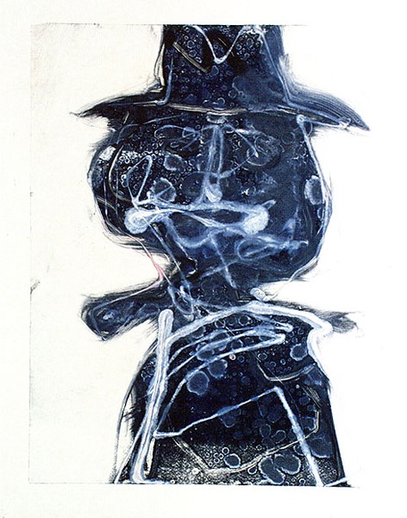 Artist: b'Partos, Paul.' | Title: b'(Figure with a hat in blue)' | Date: c.1964 | Technique: b'monotype, printed in colour, from one plate' Artist: b'Partos, Paul.' | Title: b'(Figure with a hat in blue)' | Date: c.1964 | Technique: b'monotype, printed in colour, from one plate'