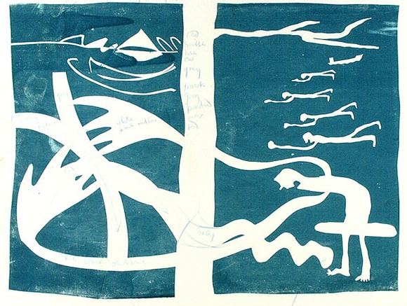 Artist: b'COLEING, Tony' | Title: b'You never need to sail alone with your surfcat class.' | Date: 1975 | Technique: b'screenprint, printed in blue ink, from one stencil; pencil additions' Artist: b'COLEING, Tony' | Title: b'You never need to sail alone with your surfcat class.' | Date: 1975 | Technique: b'screenprint, printed in blue ink, from one stencil; pencil additions'