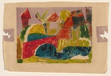 Title: The red bridge | Date: c. 1955 | Technique: screenprint, printed in mauve ink, from one stencil; stamped print, printed in coloured ink, from multiple stamps