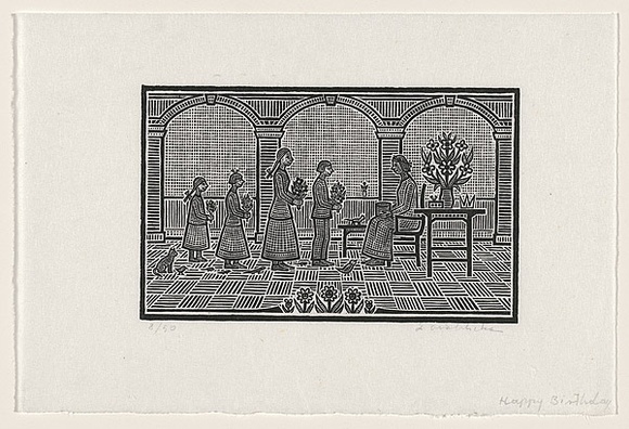 Artist: b'Groblicka, Lidia.' | Title: b'Happy birthday' | Date: 1985 | Technique: b'woodcut, printed in black ink, from one block' Artist: b'Groblicka, Lidia.' | Title: b'Happy birthday' | Date: 1985 | Technique: b'woodcut, printed in black ink, from one block'