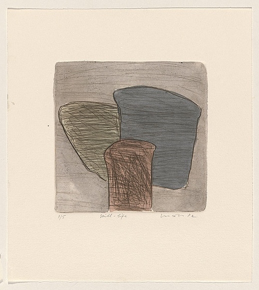 Title: b'Still-life' | Date: 1982 | Technique: b'drypoint, printed in black ink, from one perspex plate; hand-coloured'