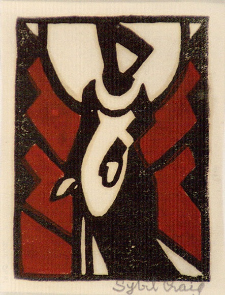 Artist: b'Craig, Sybil.' | Title: b'Woman in medieval dress.' | Date: c.1935 | Technique: b'linocut, printed in black ink, from one block; hand-coloured' Artist: b'Craig, Sybil.' | Title: b'Woman in medieval dress.' | Date: c.1935 | Technique: b'linocut, printed in black ink, from one block; hand-coloured'