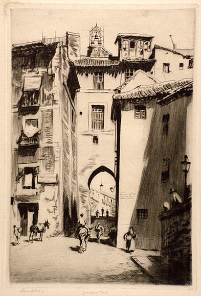 Artist: b'LINDSAY, Lionel' | Title: b'The Zocodover Gate, Toledo' | Date: 1926 | Technique: b'drypoint, printed in warm black ink with plate-tone, from one plate' | Copyright: b'Courtesy of the National Library of Australia' Artist: b'LINDSAY, Lionel' | Title: b'The Zocodover Gate, Toledo' | Date: 1926 | Technique: b'drypoint, printed in warm black ink with plate-tone, from one plate' | Copyright: b'Courtesy of the National Library of Australia'