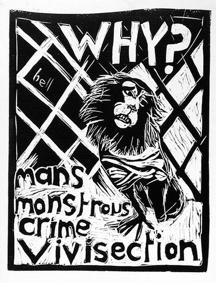 Artist: b'Gibb, Viva Jillian.' | Title: bWhy? Man's monstrous crime vivisection | Technique: b'woodcut, printed in black ink, from one block' Artist: b'Gibb, Viva Jillian.' | Title: bWhy? Man's monstrous crime vivisection | Technique: b'woodcut, printed in black ink, from one block'