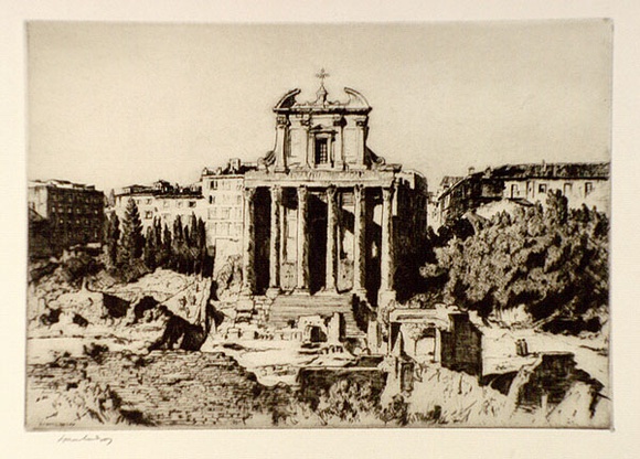 Artist: b'LINDSAY, Lionel' | Title: b'San Lorenzo in the Forum, Rome' | Date: 1928 | Technique: b'drypoint, printed in brown ink with plate-tone, from one plate' | Copyright: b'Courtesy of the National Library of Australia' Artist: b'LINDSAY, Lionel' | Title: b'San Lorenzo in the Forum, Rome' | Date: 1928 | Technique: b'drypoint, printed in brown ink with plate-tone, from one plate' | Copyright: b'Courtesy of the National Library of Australia'