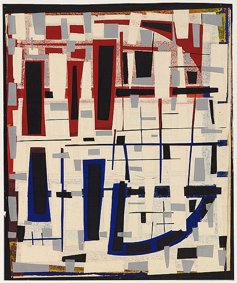 Title: b'not titled [layered quadrilateral shapes, mainly in white, blue, black and red]' | Date: 1960s | Technique: b'screenprint, printed in colour, from seven stencils'