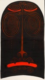 Artist: NAILS, | Title: Not titled (face with concentric circles for eyes). | Date: 2004 | Technique: stencil, printed in black and orange ink, from two stencils; spray varnish
