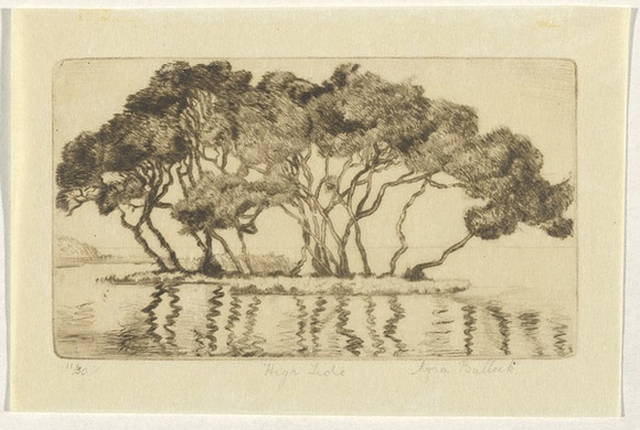Artist: b'Bullock, Myra.' | Title: b'High tide.' | Date: c.1930 | Technique: b'etching, printed in brown ink, from one plate' Artist: b'Bullock, Myra.' | Title: b'High tide.' | Date: c.1930 | Technique: b'etching, printed in brown ink, from one plate'