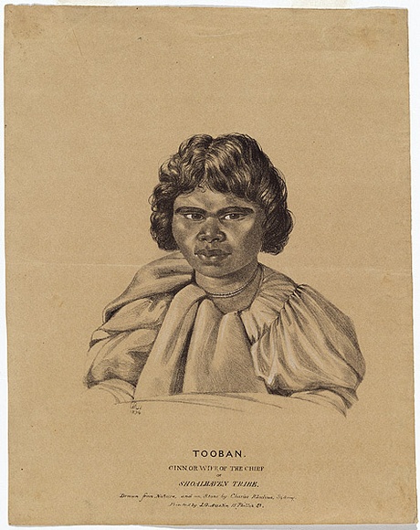 Artist: b'Rodius, Charles.' | Title: b'Tooban, Ginn, or wife, of the chief of Shoalhaven tribe.' | Date: 1834 | Technique: b'chalk-lithograph, printed in black ink, from one stone; additions in gouache' Artist: b'Rodius, Charles.' | Title: b'Tooban, Ginn, or wife, of the chief of Shoalhaven tribe.' | Date: 1834 | Technique: b'chalk-lithograph, printed in black ink, from one stone; additions in gouache'
